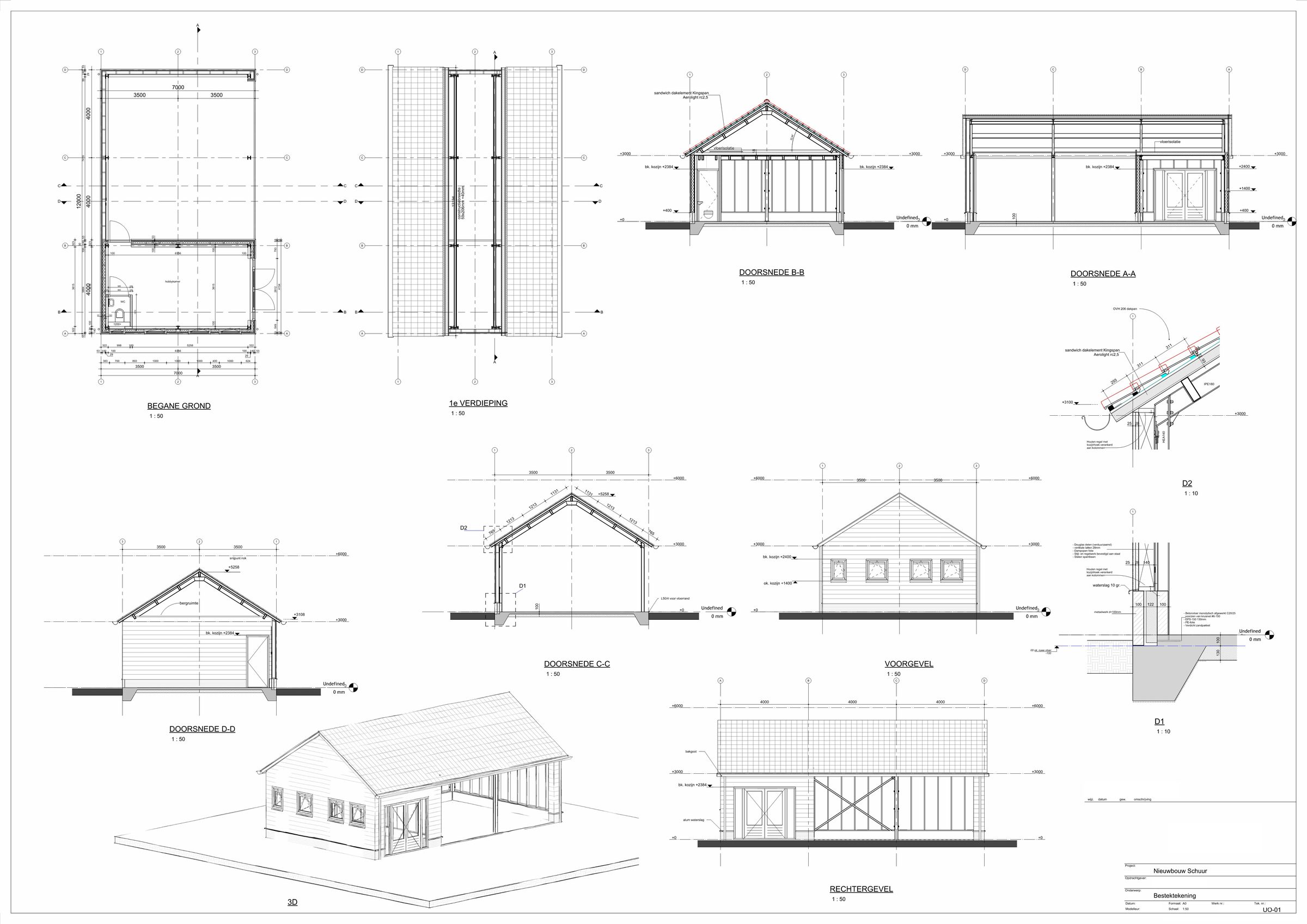 Bestektekening nieuwbouw schuur met plattegronden, doorsneden, gevels en details