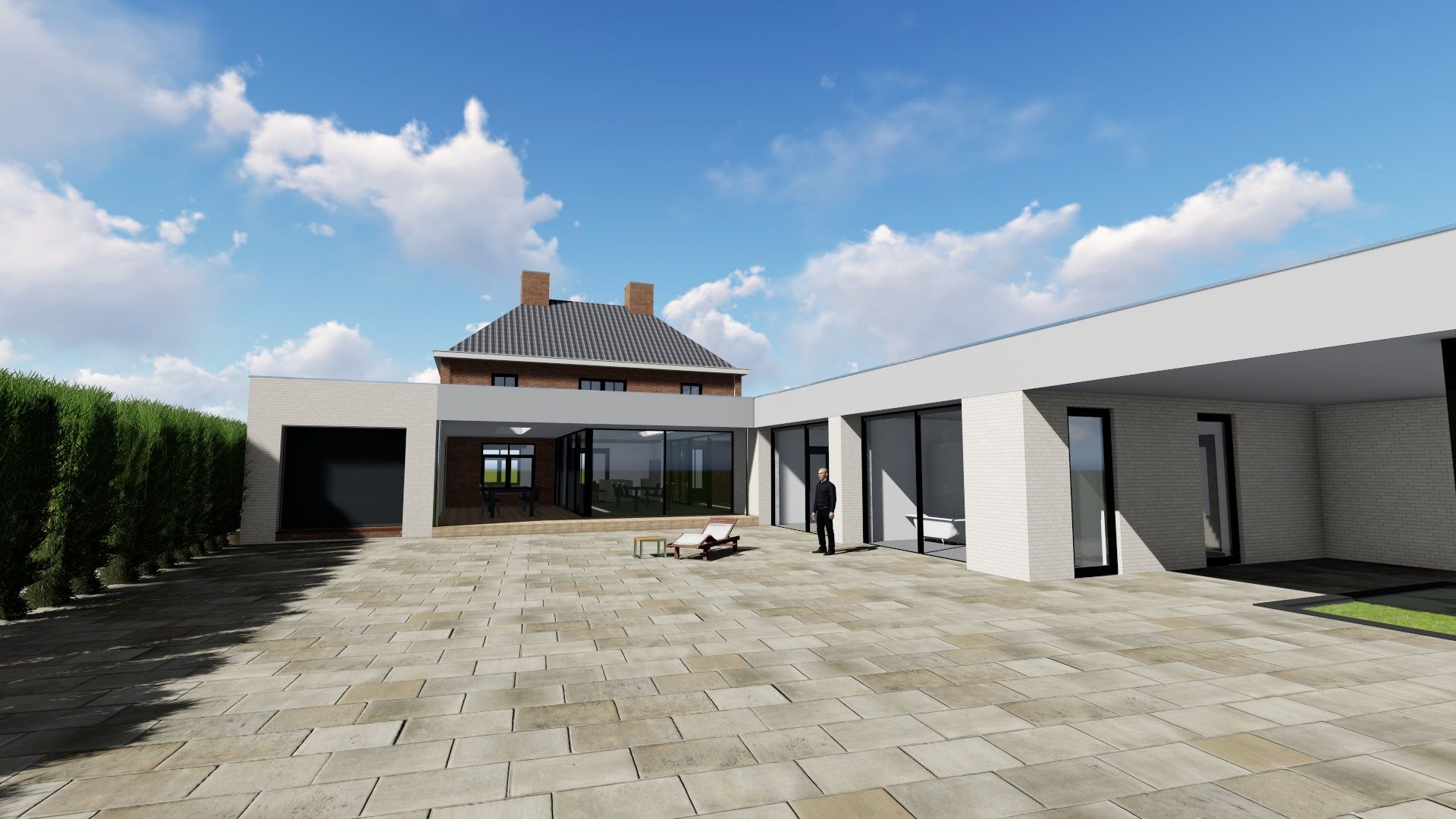 Fotorealistische render van de achtergevel van een woning met terras en overkapping